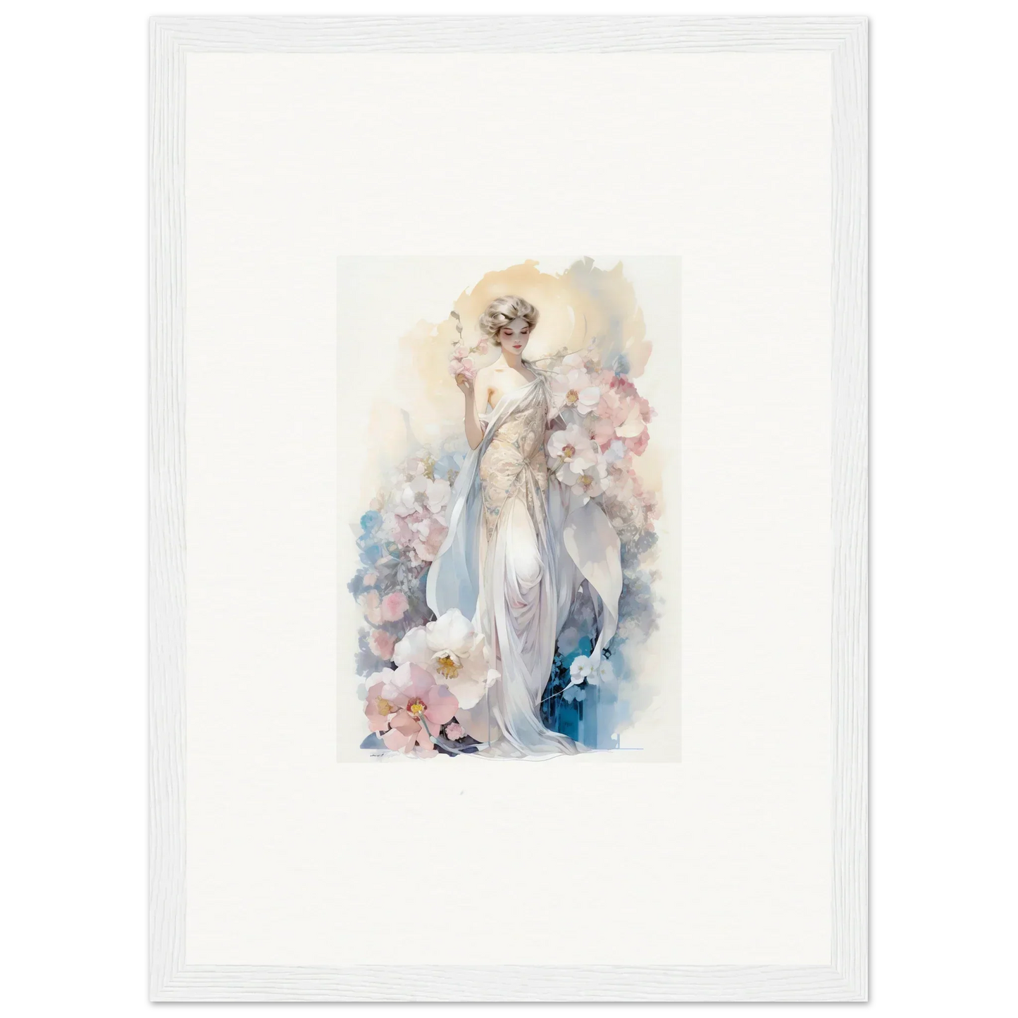 Watercolor painting of an elegant woman amidst bloom for stylish room decor