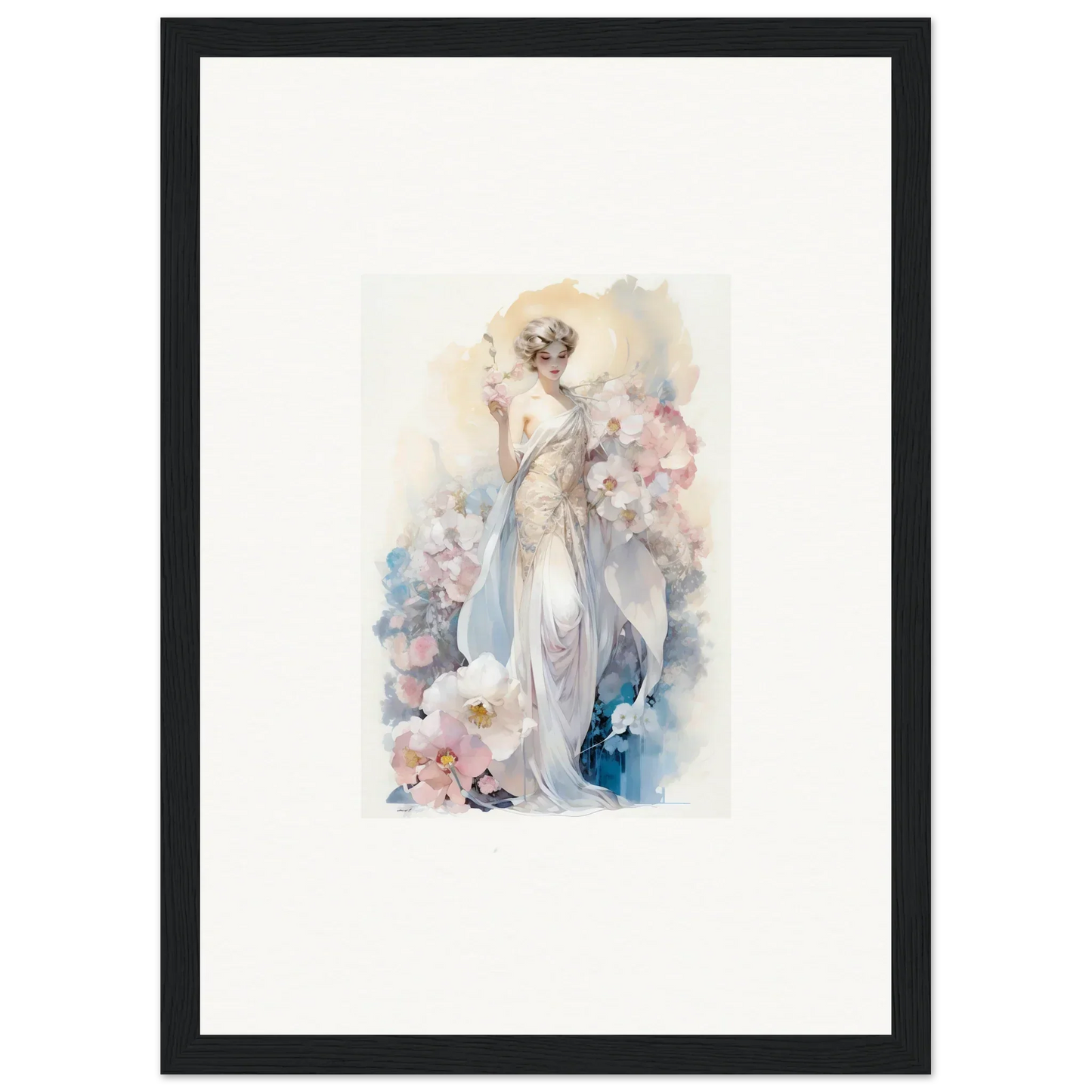 Watercolor painting of an elegant woman amidst bloom for room decor and framed wall art