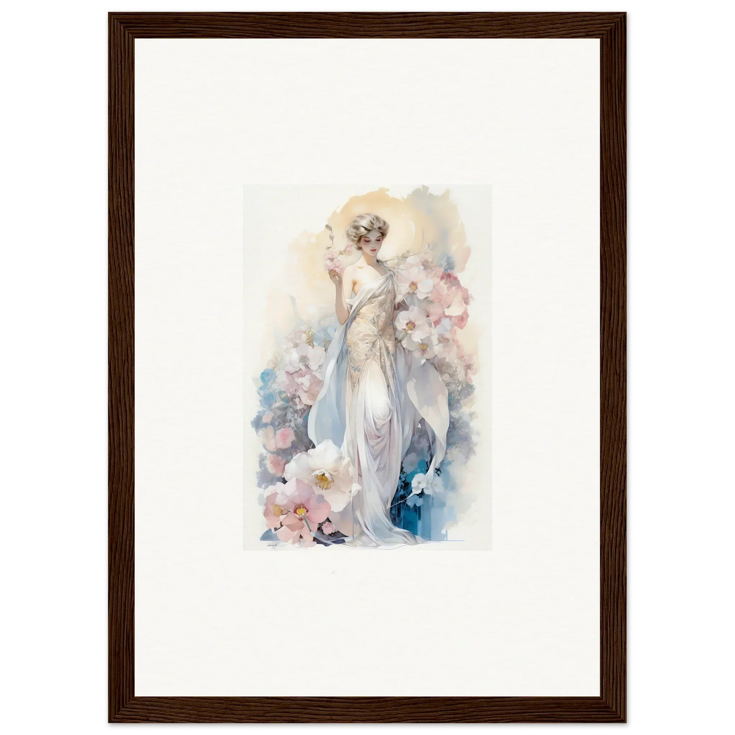 Watercolor painting of an elegant woman in a white dress amidst bloom for room decor