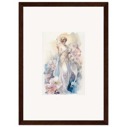 Watercolor painting of an elegant woman in a white dress amidst bloom for room decor