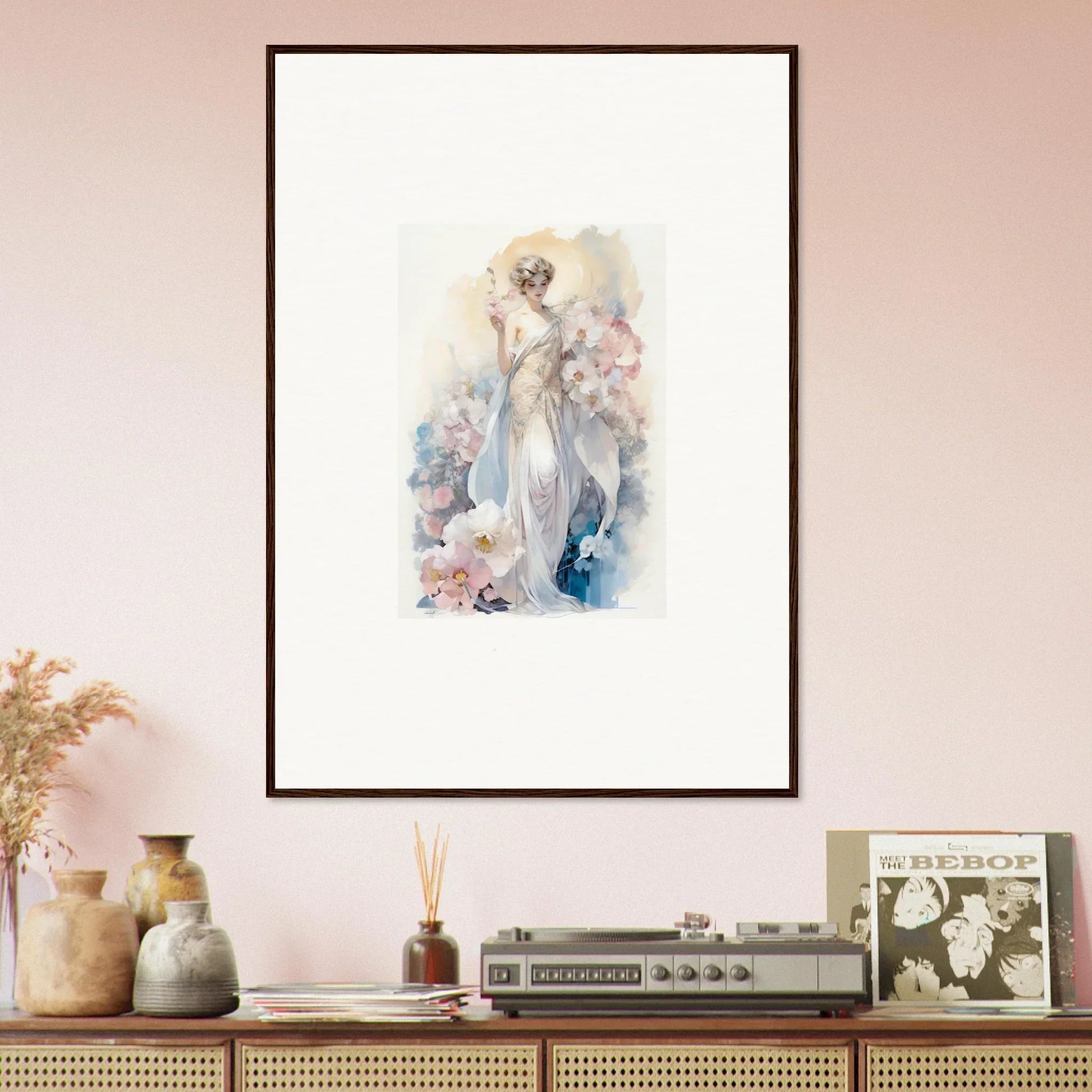 Framed watercolor wall art of ethereal female figure amidst bloom for elegant room decor