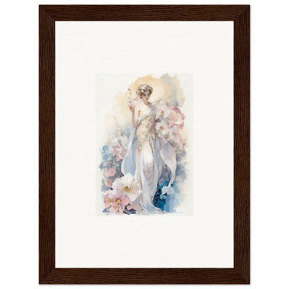 Watercolor painting of an elegant woman in a flowing dress for Room Decor amidst bloom