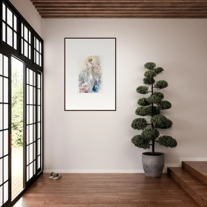 Minimalist room decor with framed wall art and sculpted topiary amidst bloom