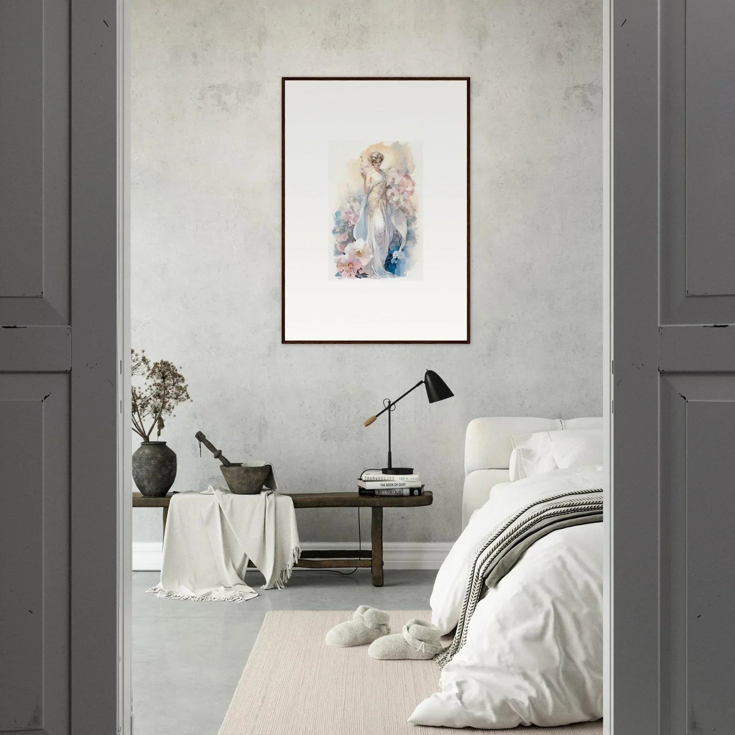 Framed watercolor painting of an ethereal figure, perfect for room decor amidst bloom