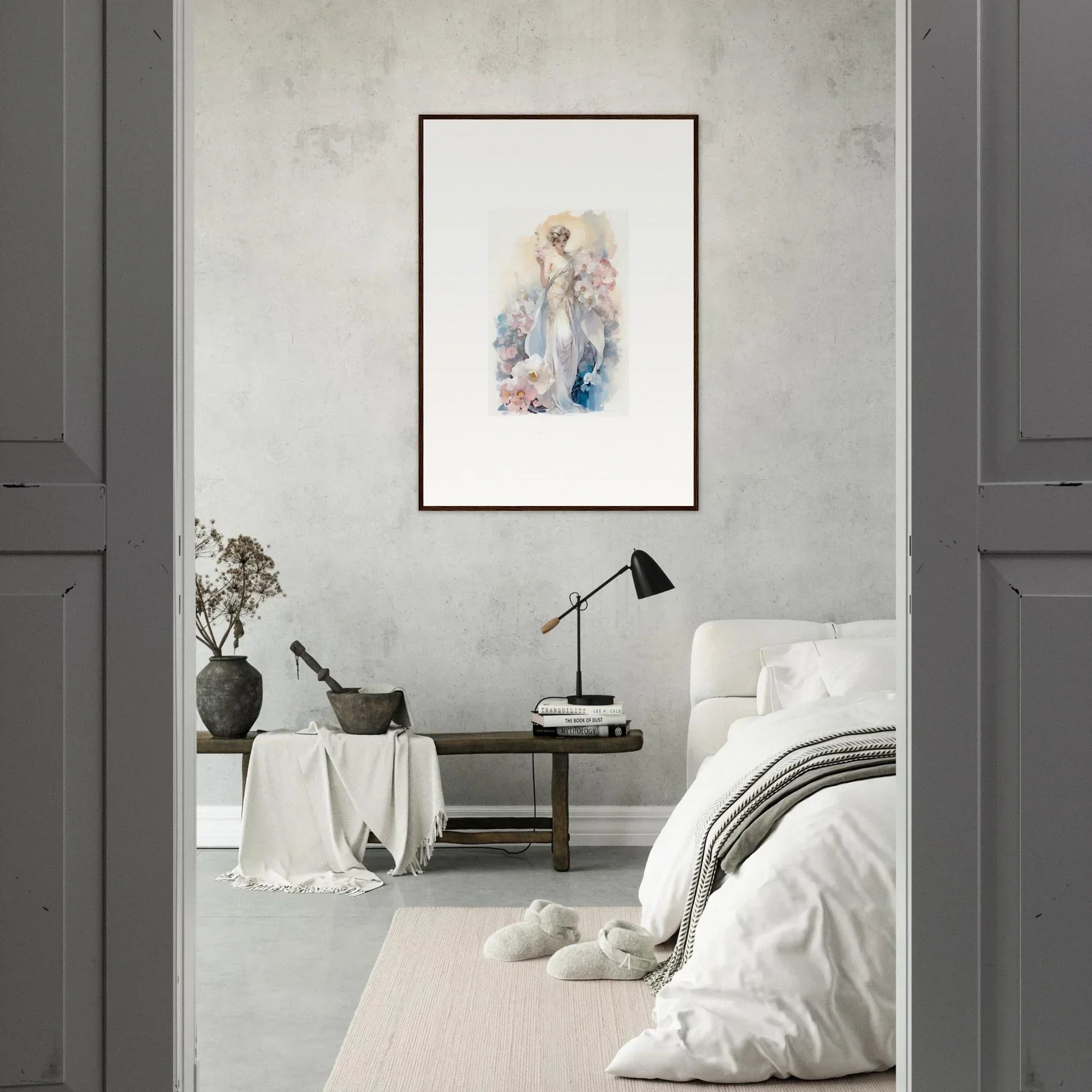 Framed watercolor painting of an ethereal figure, perfect for room decor amidst bloom