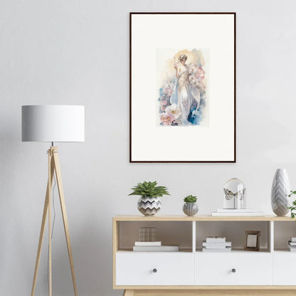 Framed watercolor painting of a feminine figure in soft pastels for room decor amidst bloom