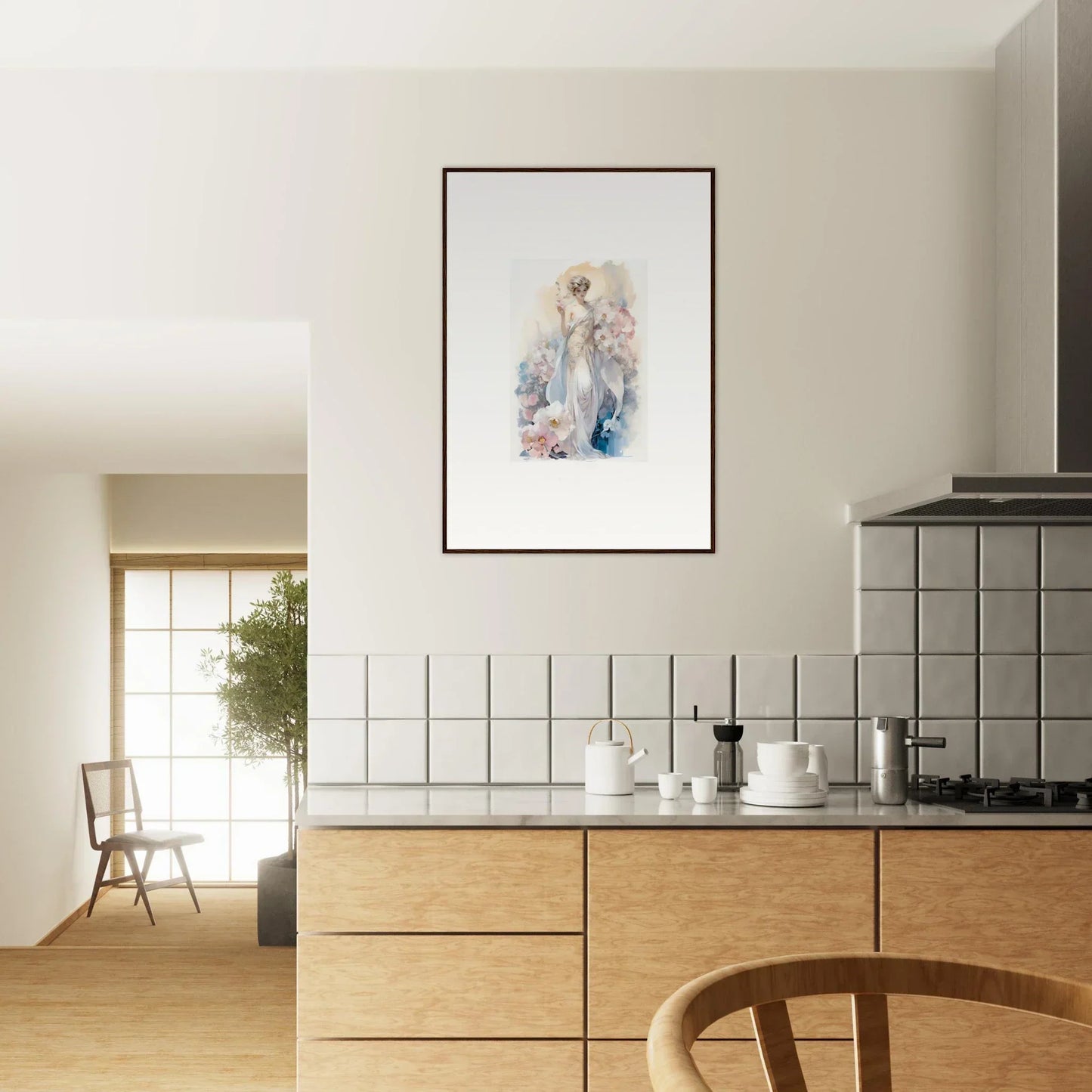 Framed watercolor portrait of a person, perfect for room decor amidst bloom