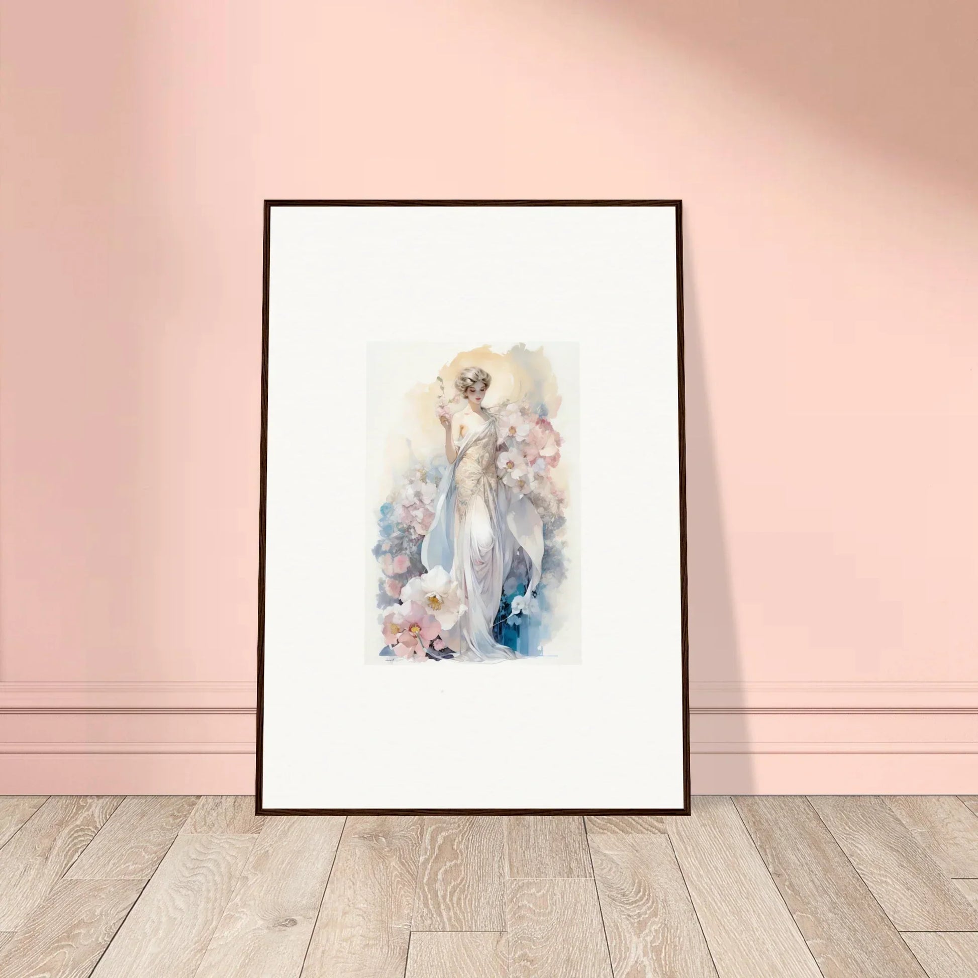 Framed wall art of a feminine figure amidst bloom for elegant room decor