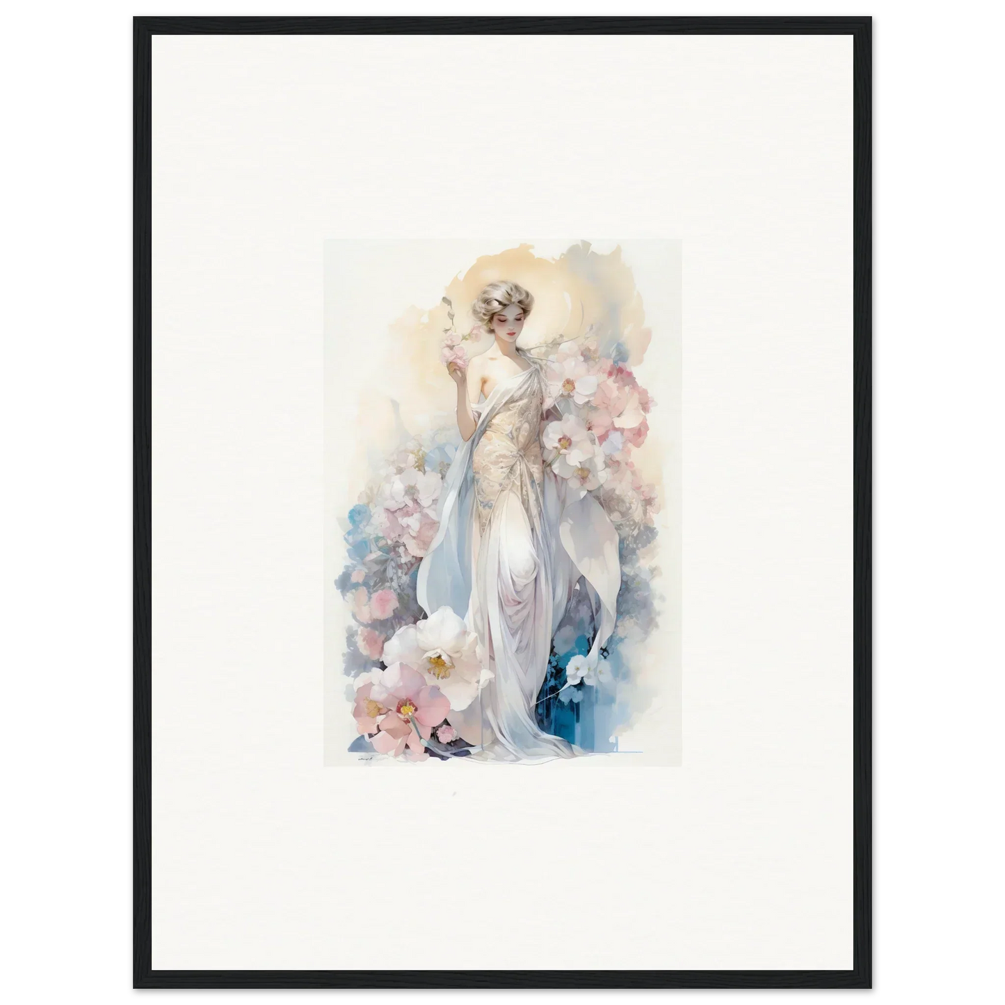 Watercolor painting of an elegant woman amidst bloom, perfect for framed wall art