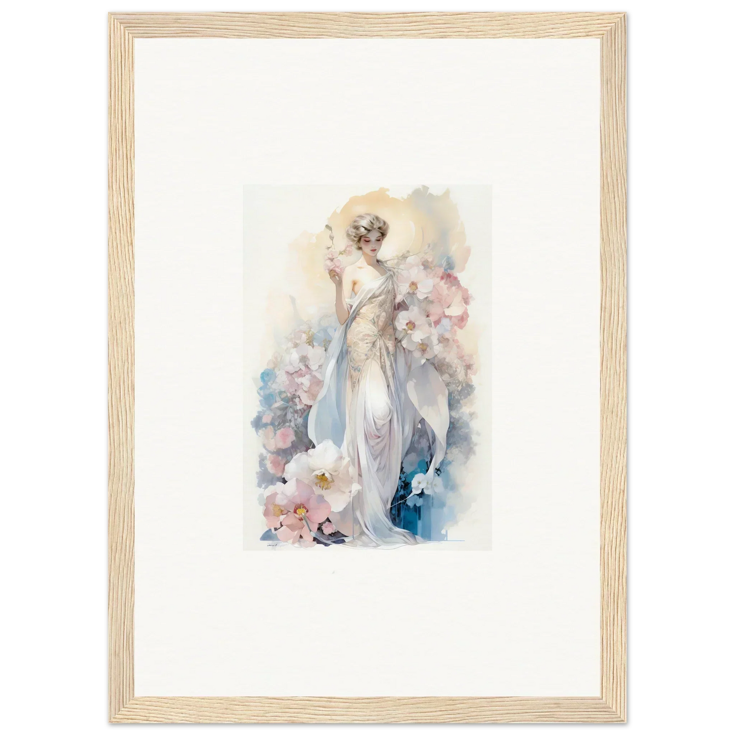 Watercolor painting of an elegant woman amidst bloom, ideal for framed wall art and room decor