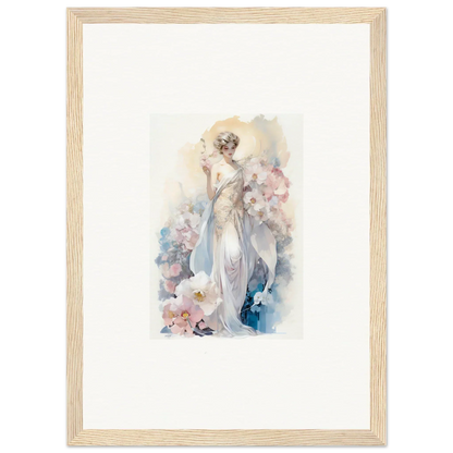 Watercolor painting of an elegant woman amidst bloom, ideal for framed wall art and room decor