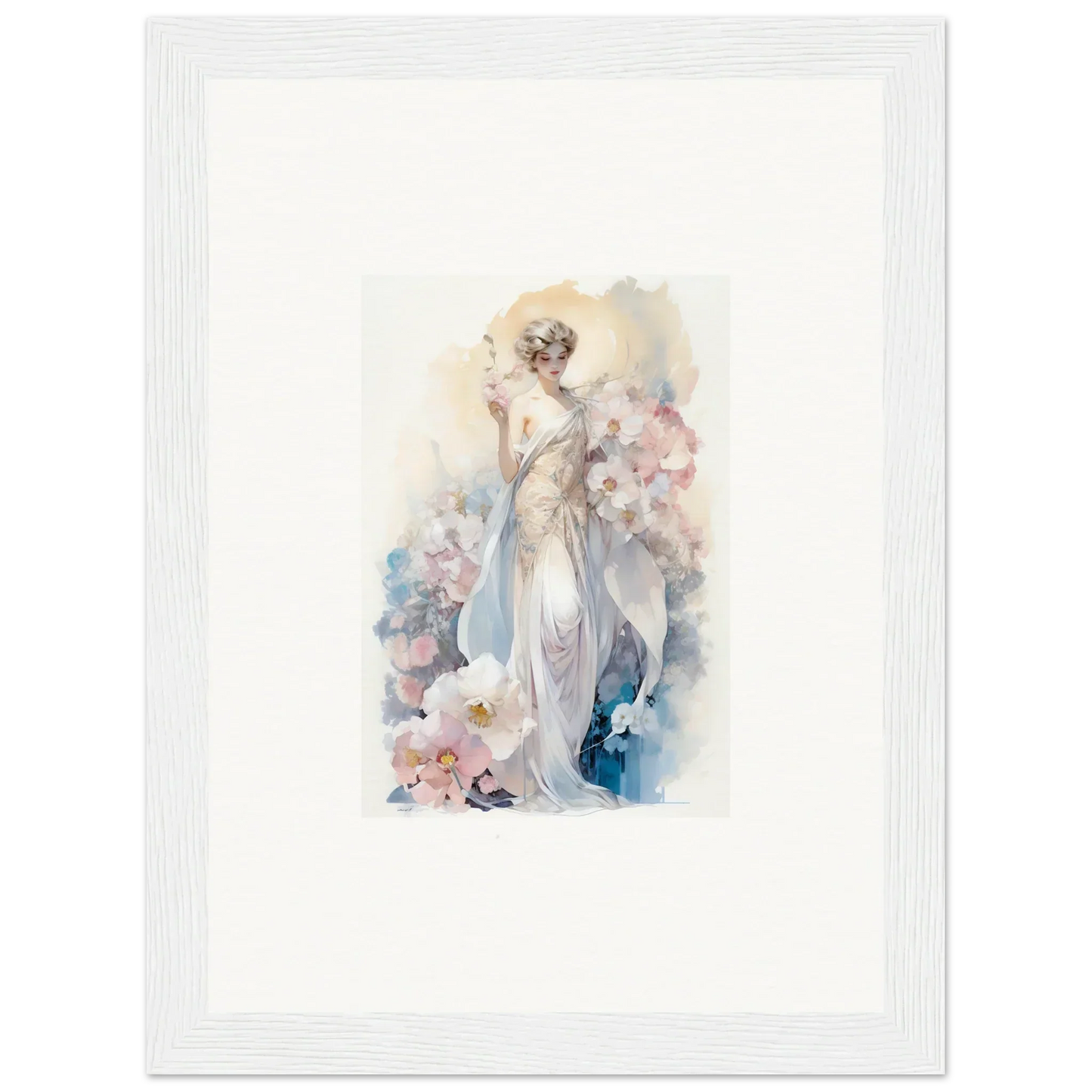 Watercolor painting of an elegant woman amidst bloom for stylish room decor