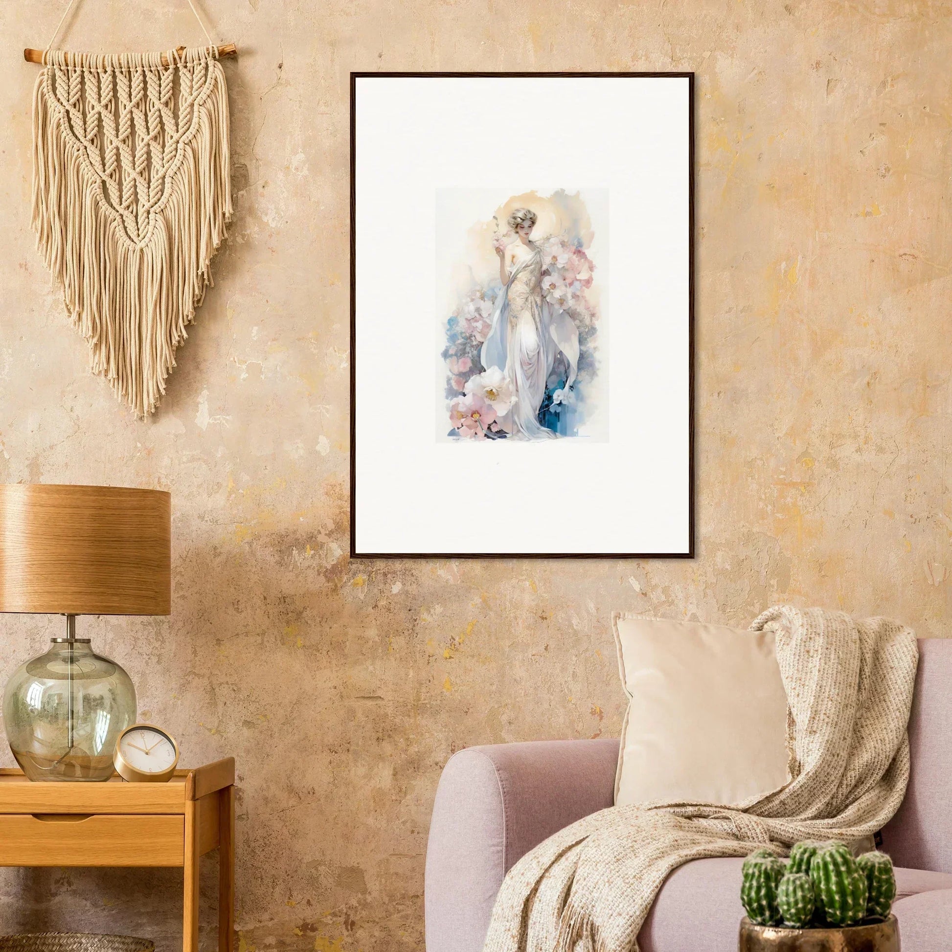 Framed watercolor painting of a delicate figure amidst bloom, perfect for room decor