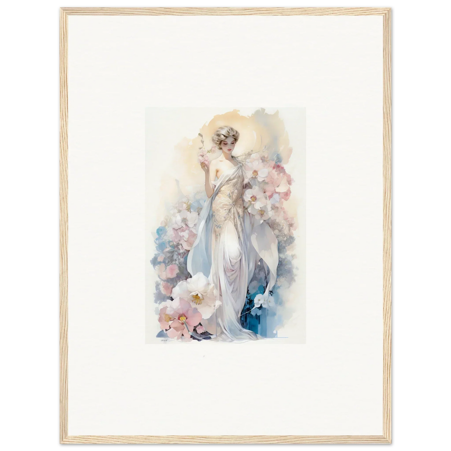 Watercolor painting of an elegant woman in white dress amidst bloom for room decor