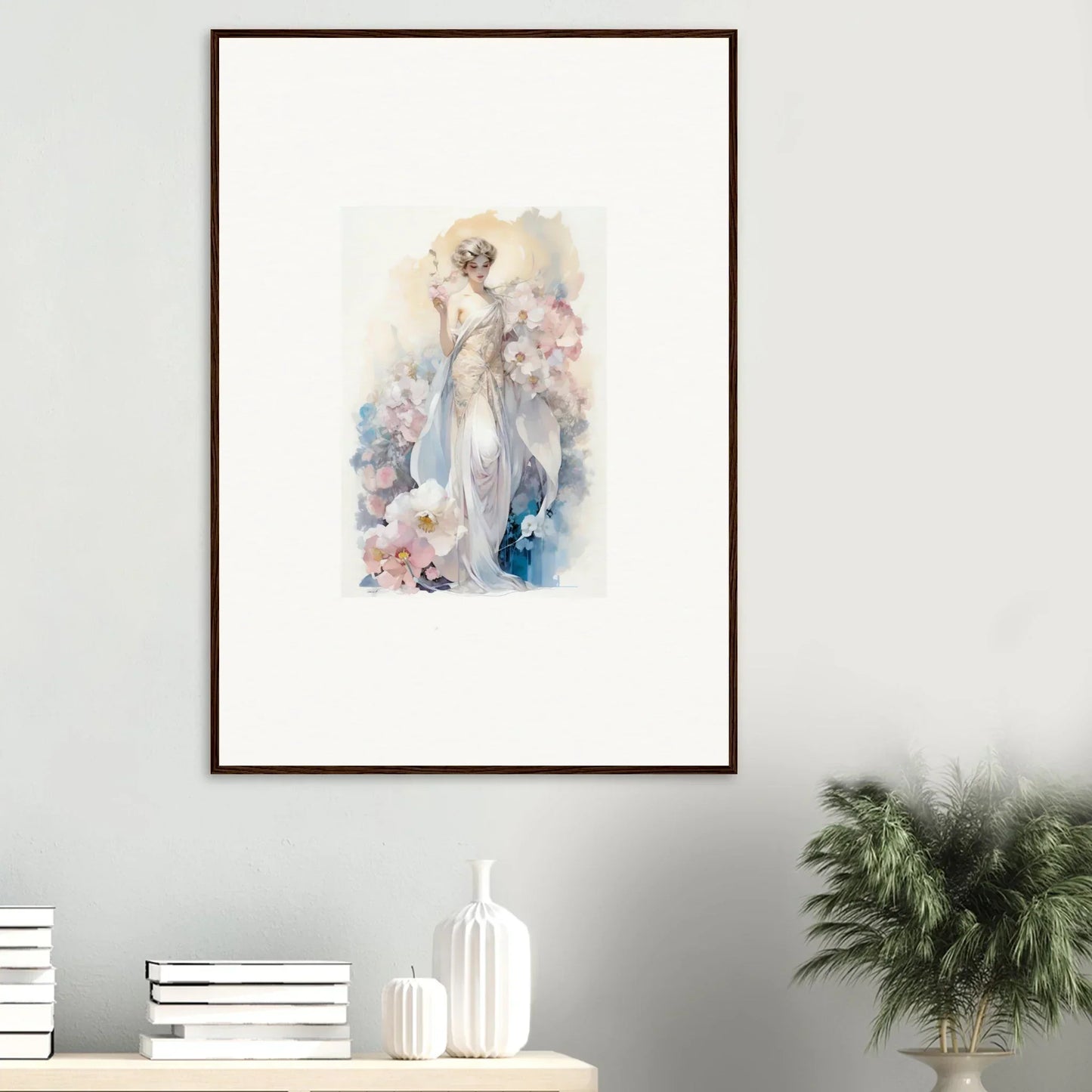 Framed wall art of an ethereal female figure amidst bloom in soft pastel colors