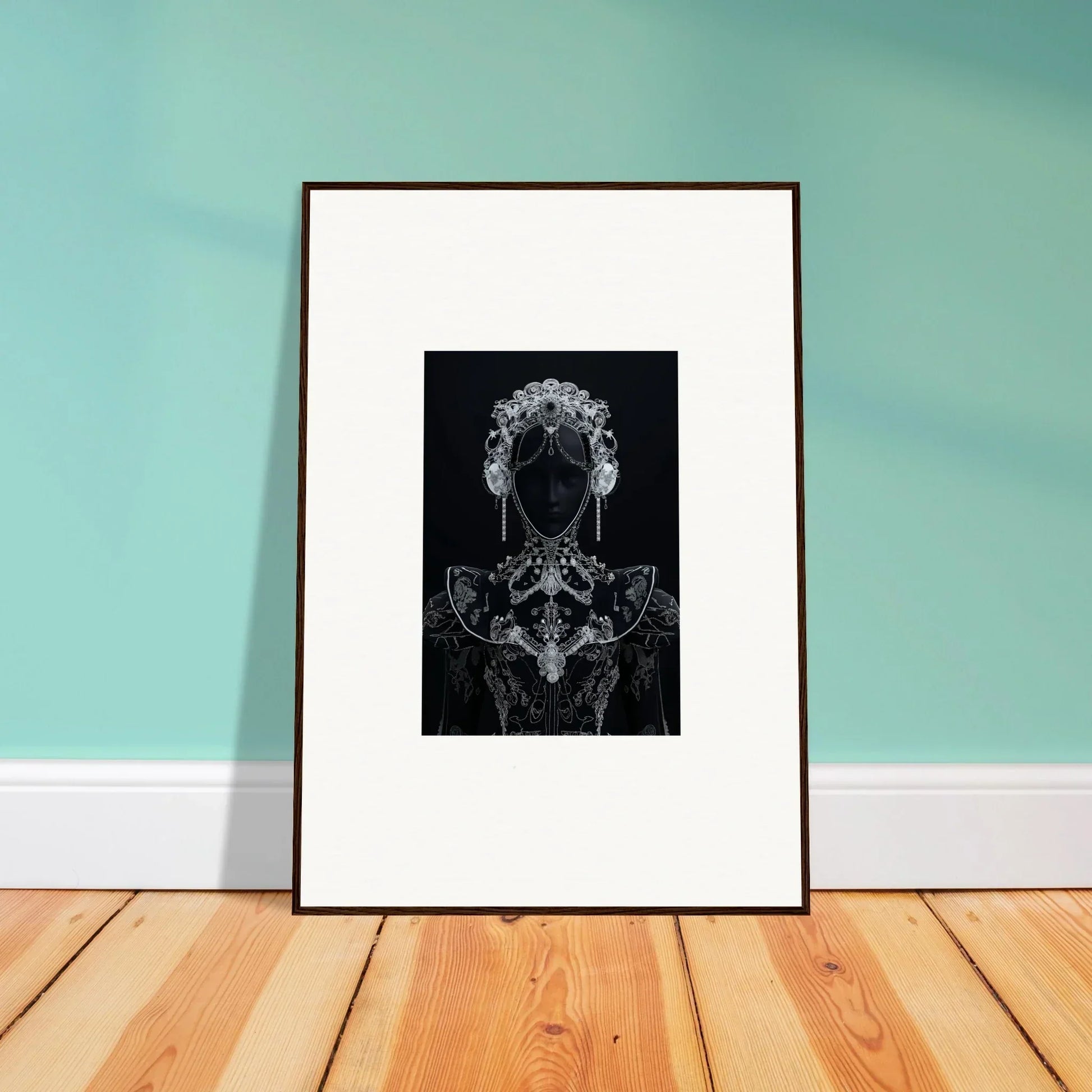 Framed black and white Domino Ether art print on a dark background for premium wall decor