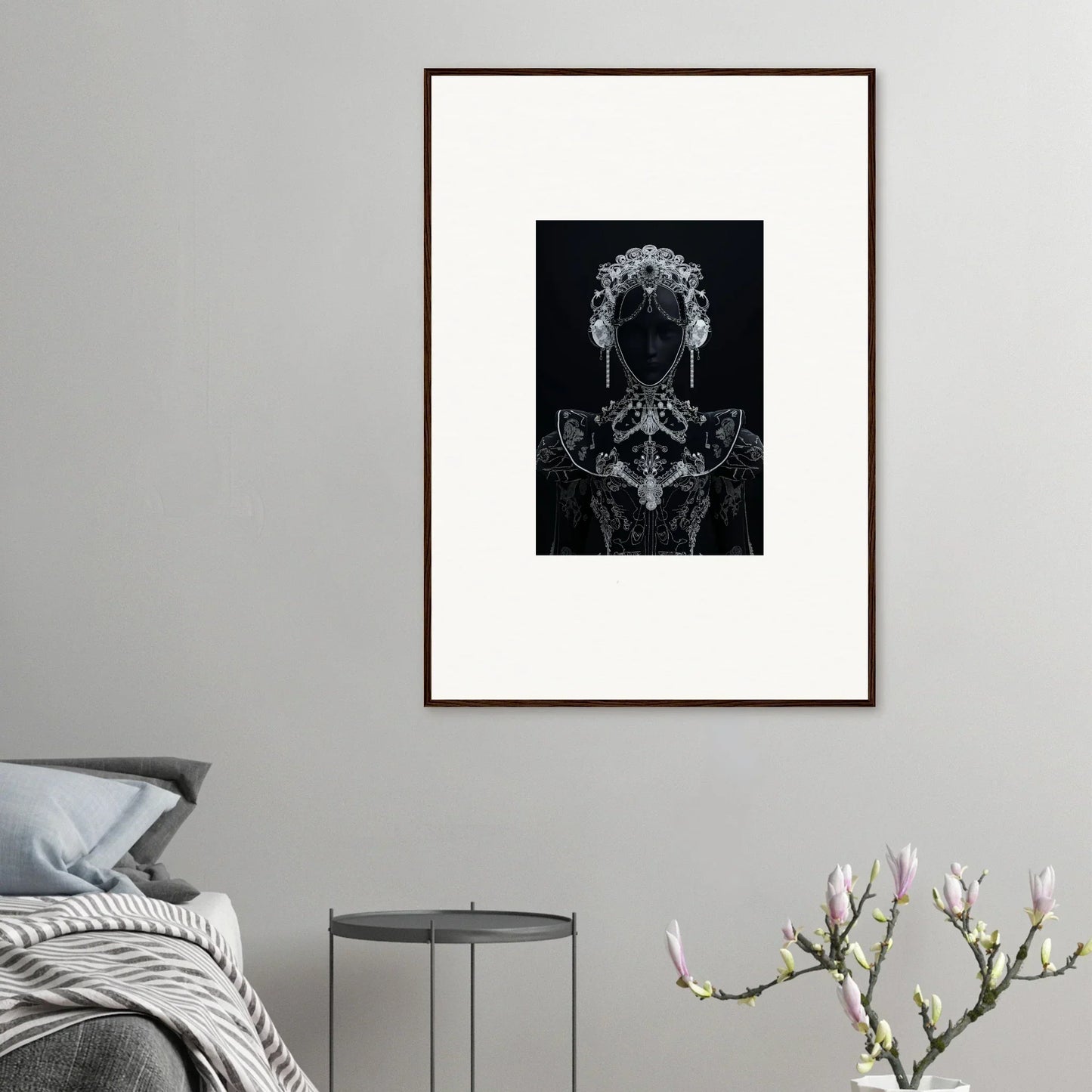 Framed black and white art print of Domino Ether with abstract geometric patterns