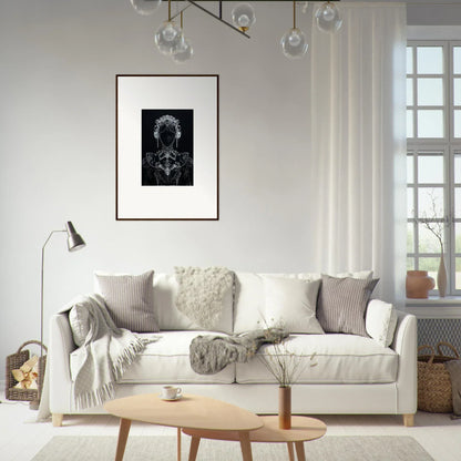 White sofa with gray and cream pillows, perfect for Domino Ether’s special edition art