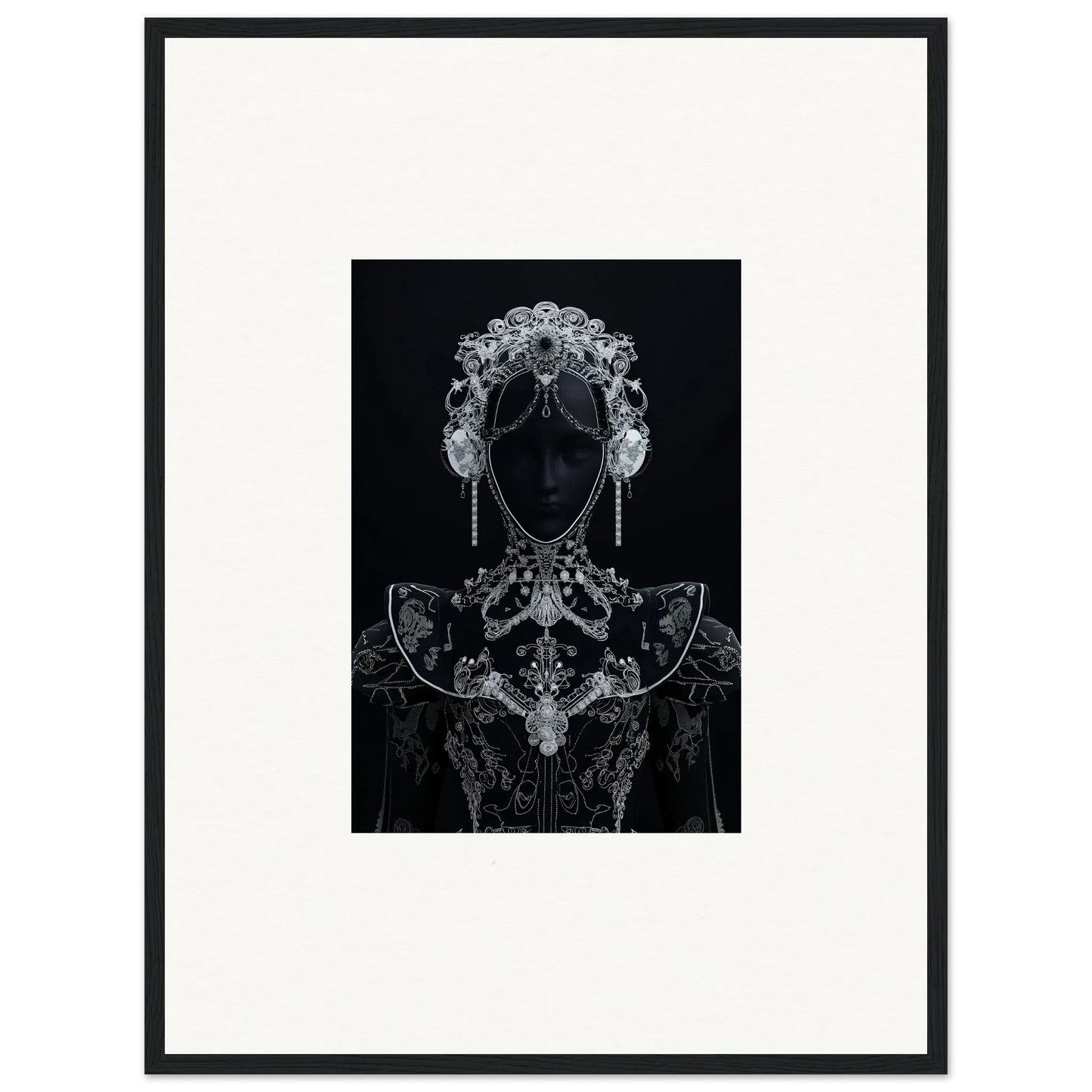 Silhouetted figure with lace patterns in Domino Ether premium framed wall art