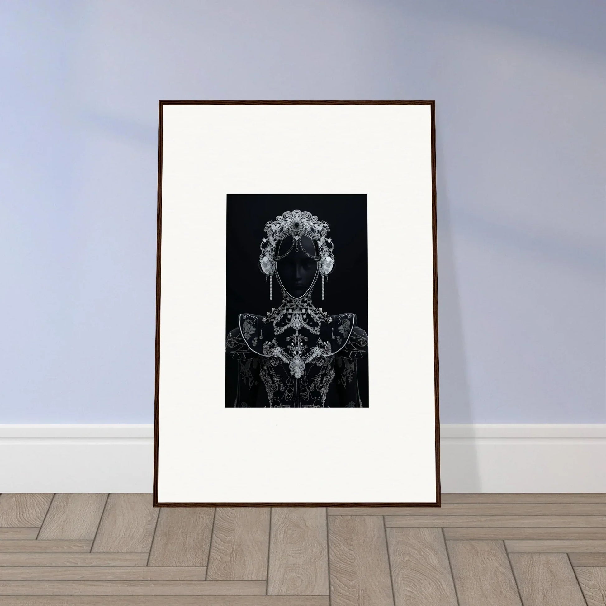 Framed black and white Domino Ether art print with abstract symmetrical design