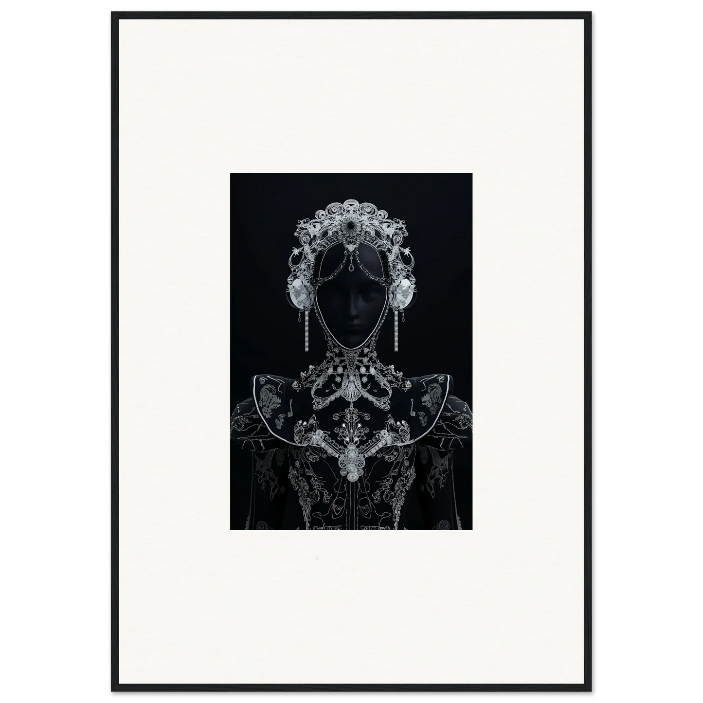 Ornate black and white silhouette with headdress from Domino Ether premium framed wall art