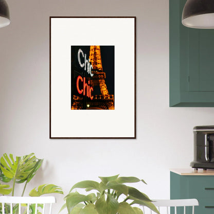 Framed wall art of illuminated Cafe Chic with Eiffel Tower, perfect for room decoration