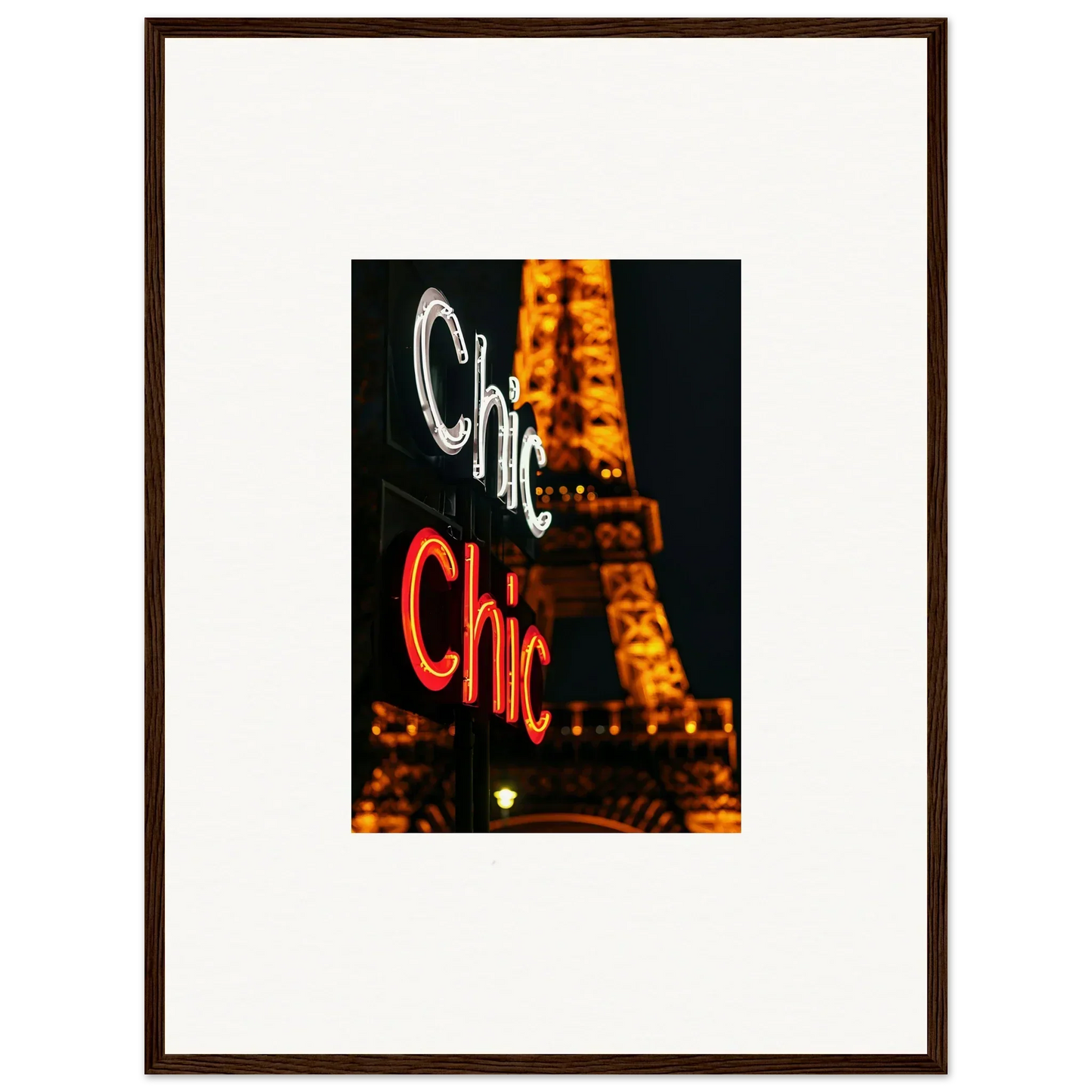 Framed neon Chic sign with Eiffel Tower, perfect wall art for stylish room decoration