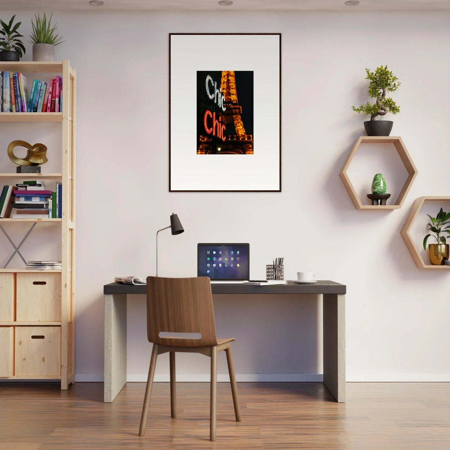 Modern home office with Double Lisp wall art, stylish desk, and cozy chair for room decoration