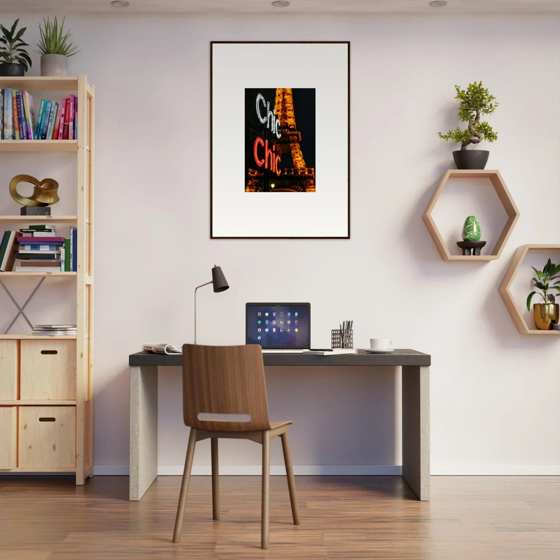 Modern home office with Double Lisp wall art, stylish desk, and cozy chair for room decoration