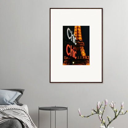 Framed canvas print of neon Chic sign with Eiffel Tower, perfect wall art for room decoration