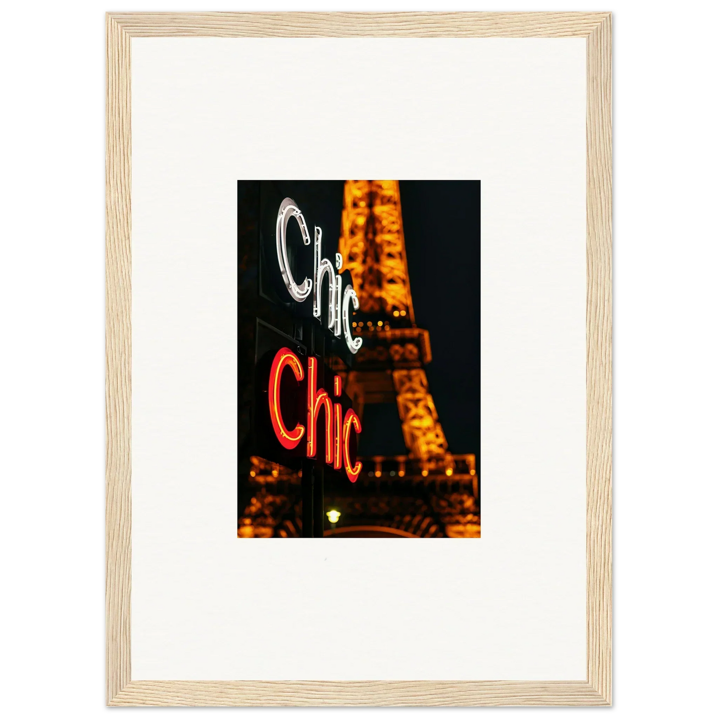 Framed neon Chic sign wall art with Eiffel Tower, perfect for room decoration