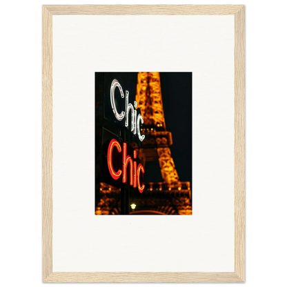 Framed neon Chic sign wall art with Eiffel Tower, perfect for room decoration