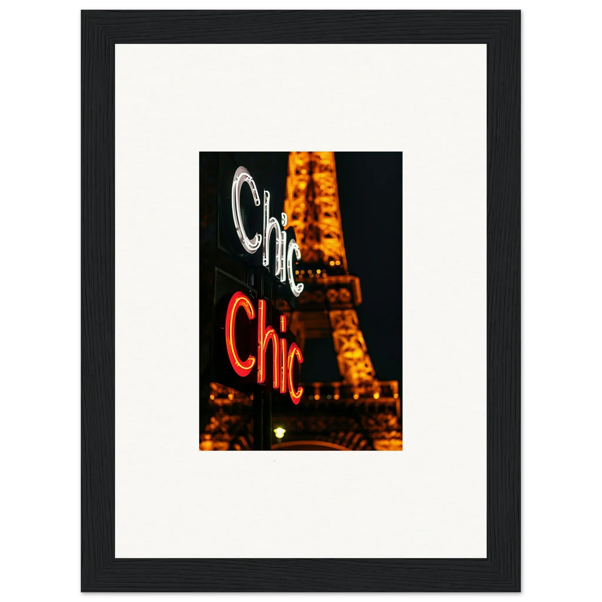 Framed wall art of neon Chic signs with the Eiffel Tower for stylish room decoration