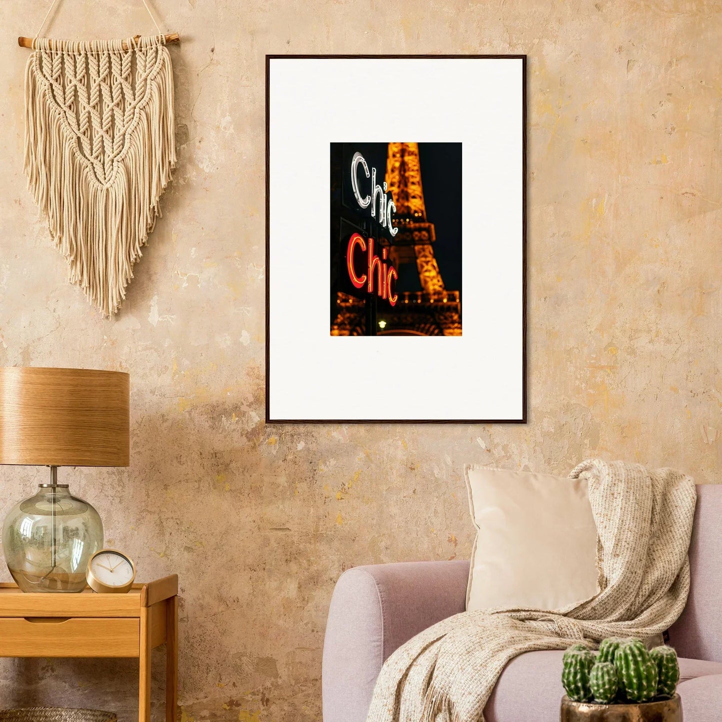 Framed wall art of a neon Chic sign with the Eiffel Tower, perfect for room decoration