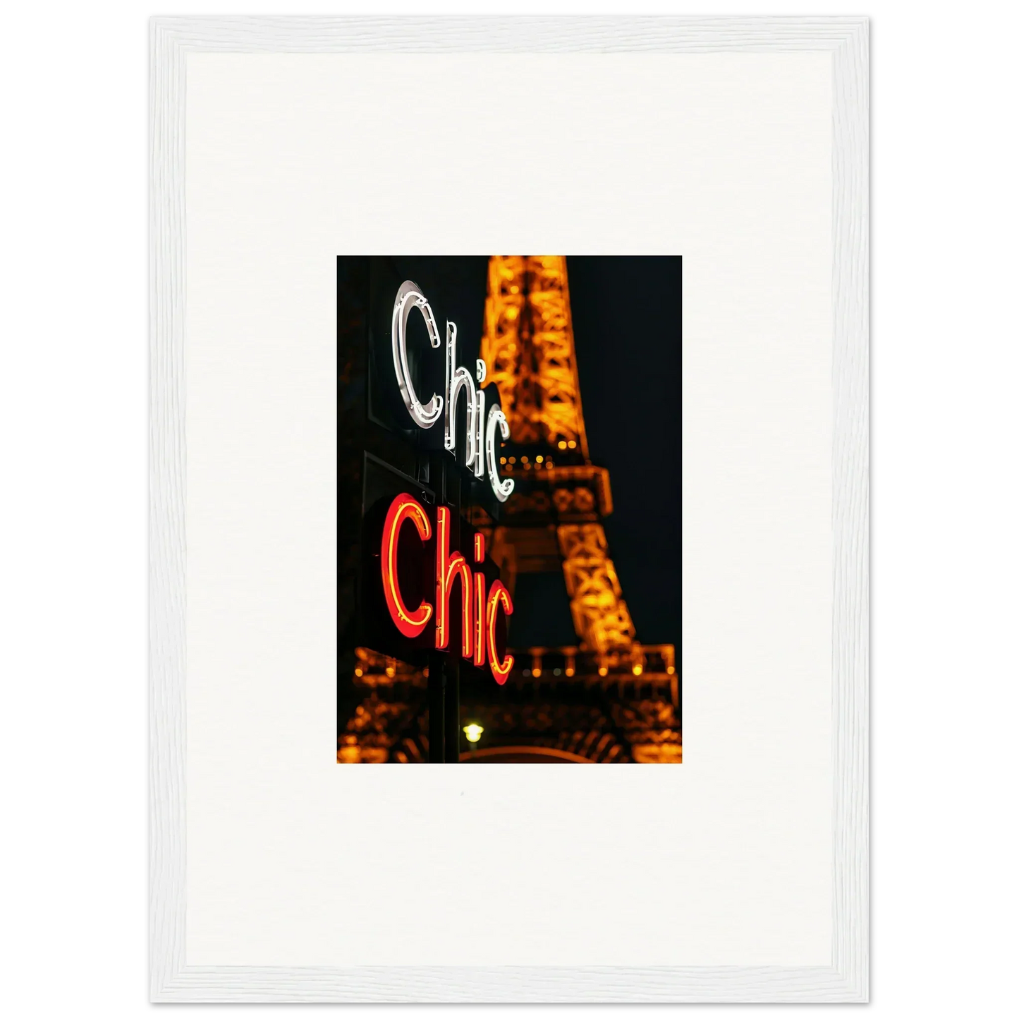 Neon Chic sign with Eiffel Tower backdrop, perfect for trendy wall art or room decoration