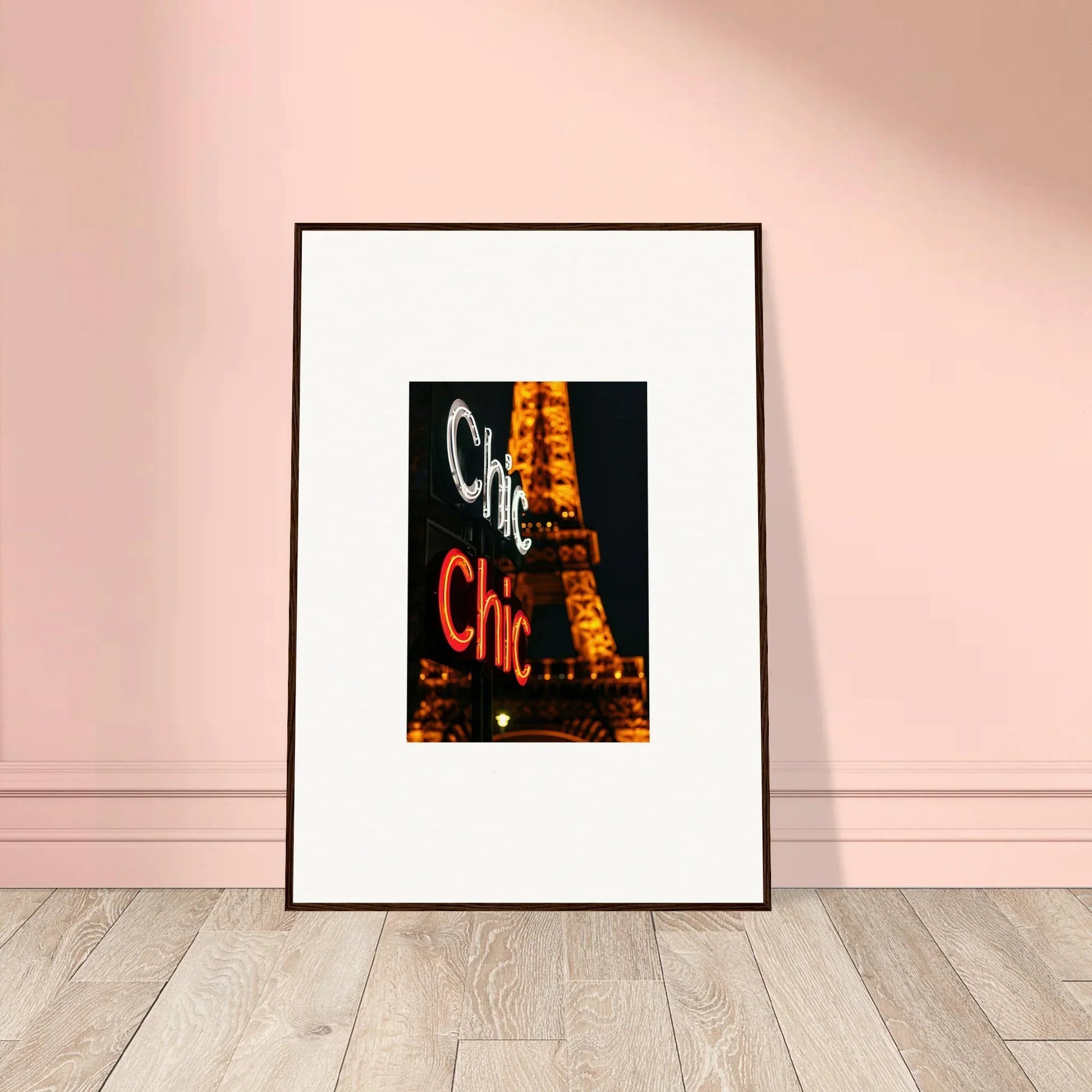 Framed wall art featuring illuminated Chic sign with Eiffel Tower - perfect room decoration