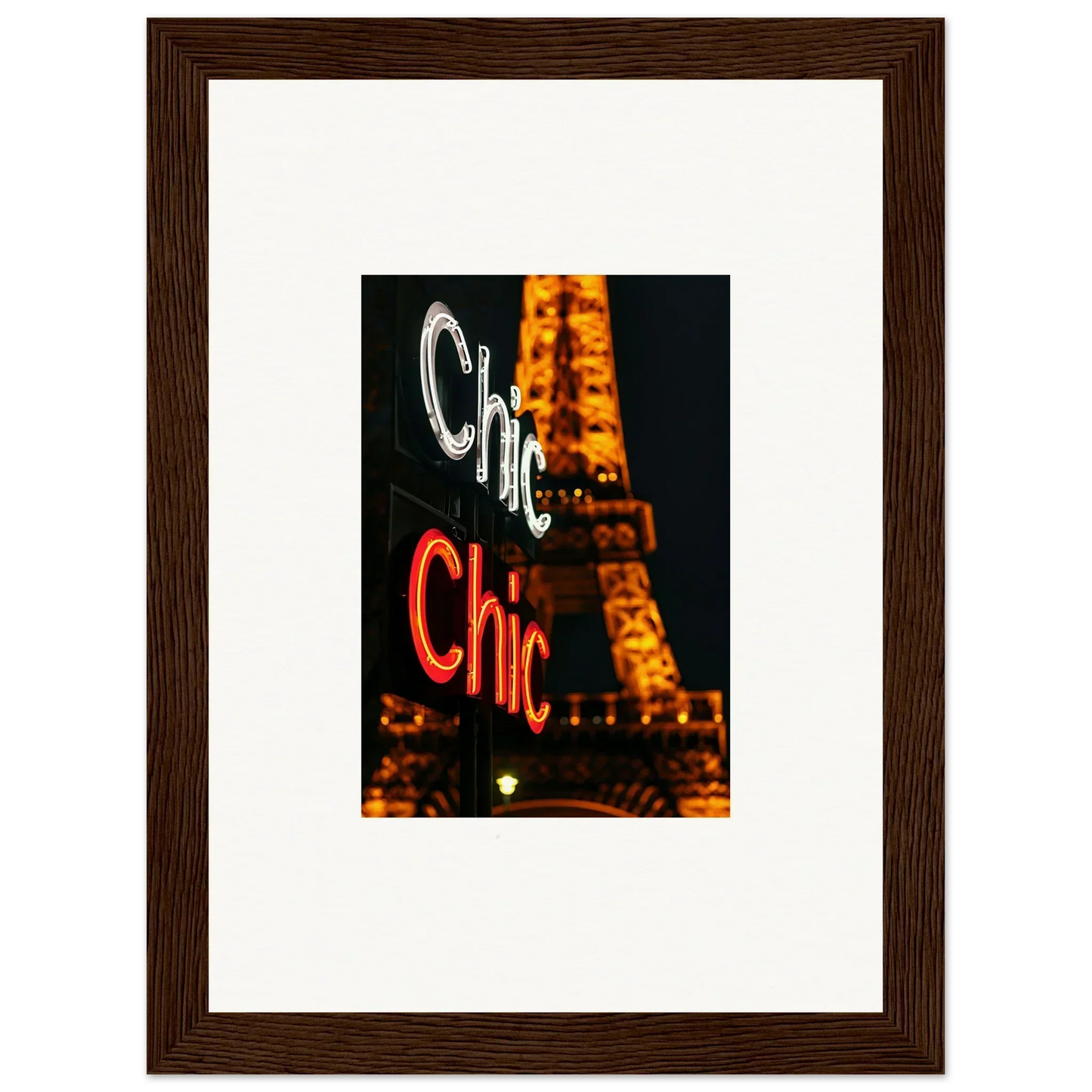 Framed Chic neon sign wall art with Eiffel Tower, perfect for room decoration