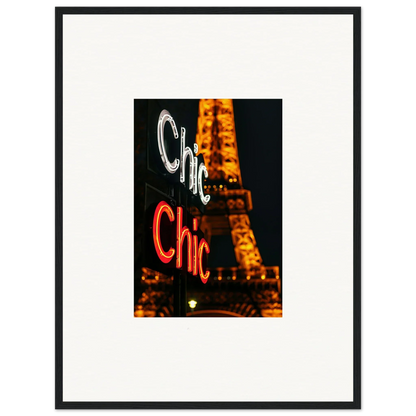 Framed wall art of neon Chic sign with Eiffel Tower for stylish room decoration