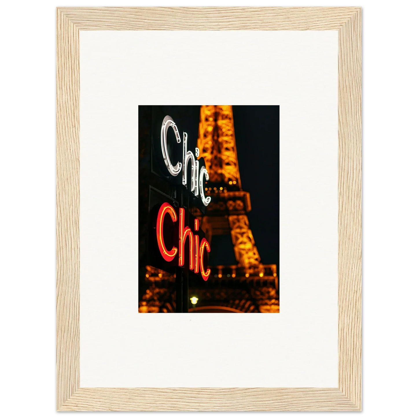 Framed wall art of neon Chic signs with the Eiffel Tower, perfect for room decoration