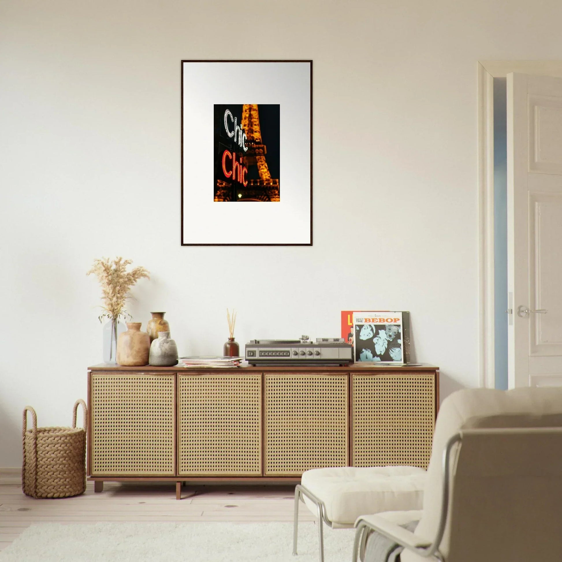 Wooden sideboard with cane doors and decor, perfect for room decoration with wall art