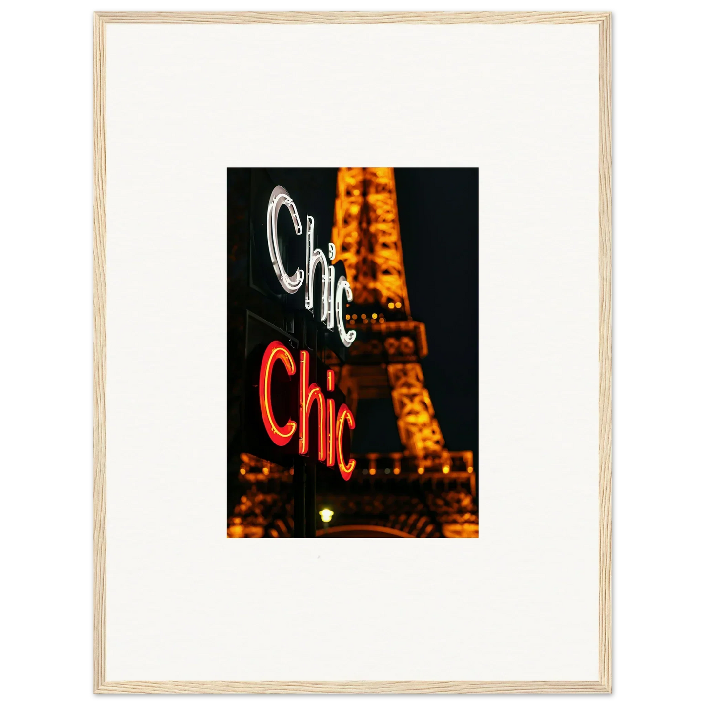 Framed neon Chic sign with Eiffel Tower, perfect for trendy room decoration wall art