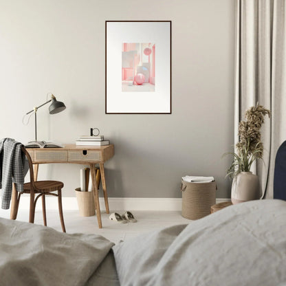 Cozy bedroom workspace with wooden desk, chair, and Dream-Banquet Pink wall art