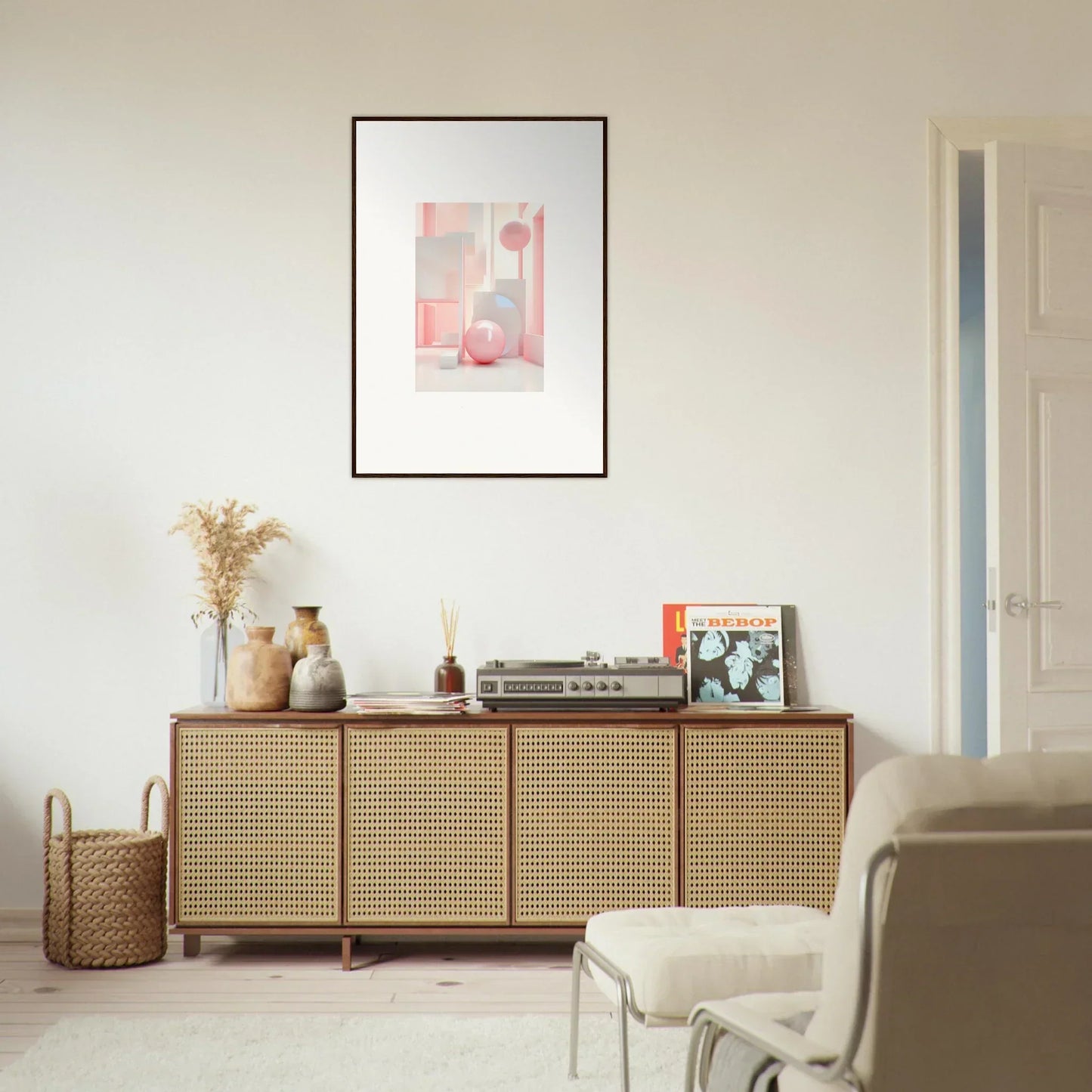 Wooden sideboard with cane-webbed doors, perfect for room decoration in Dream-Banquet Pink