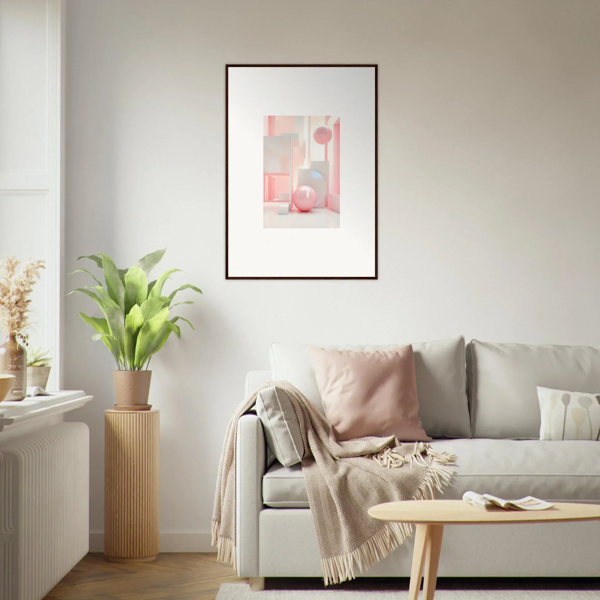 Framed Dream-Banquet Pink canvas print featuring soft pink and white geometric wall art