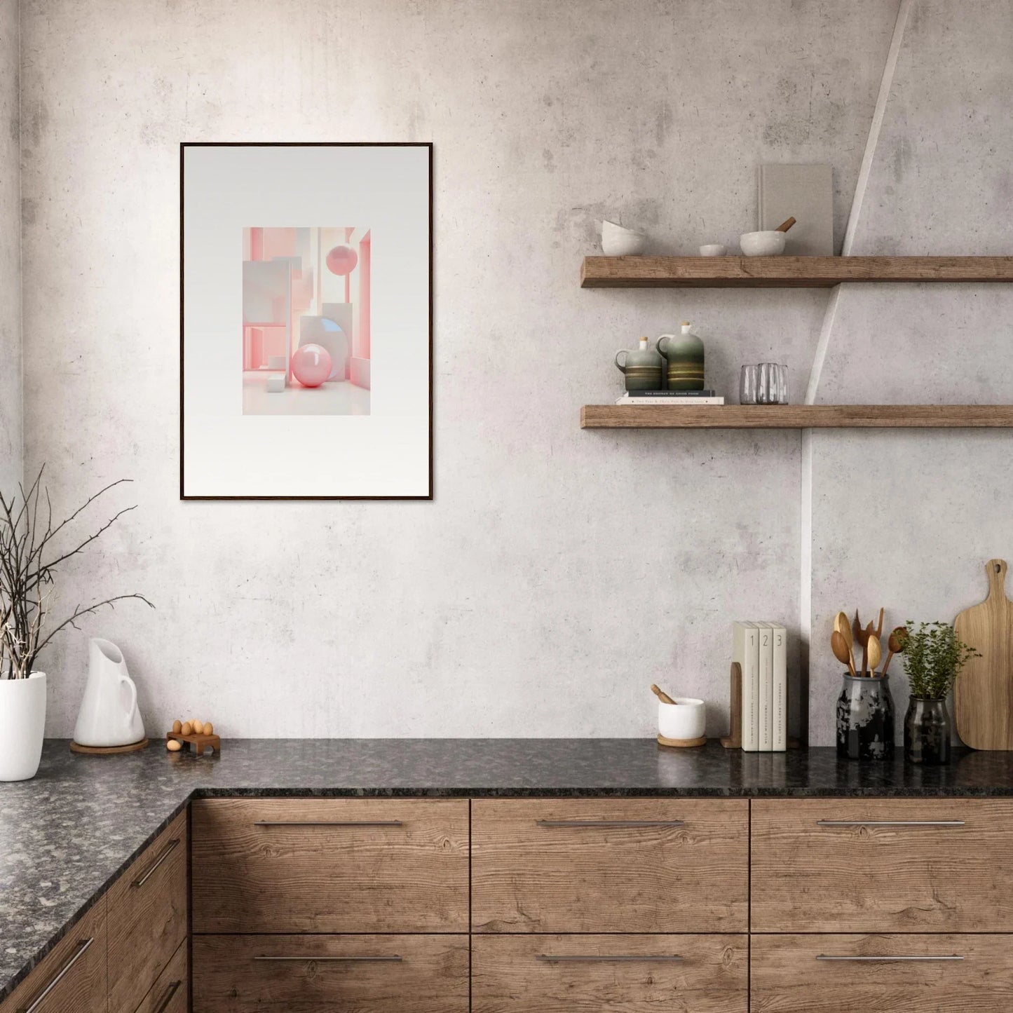 Modern kitchen with wooden cabinetry and open shelving, ideal for room decoration canvas print