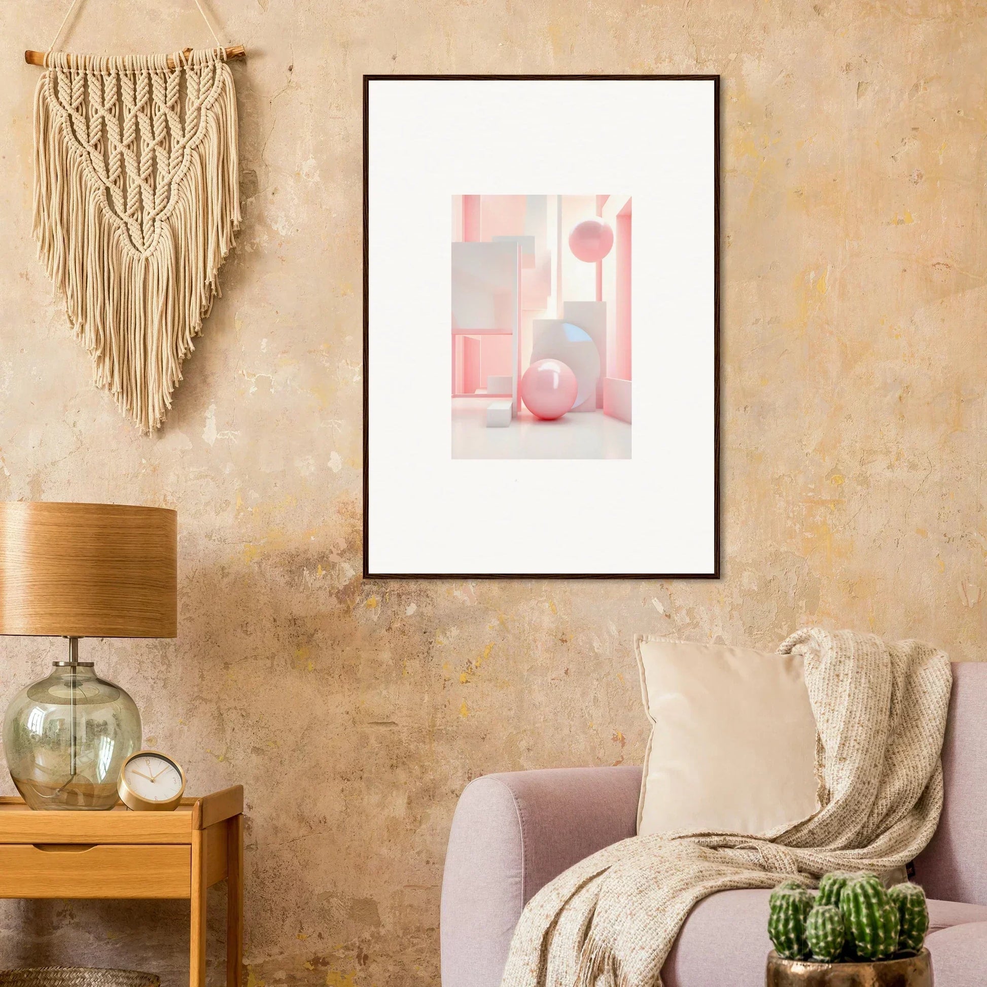 Framed wall art with pink and white geometric shapes for trendy room decoration