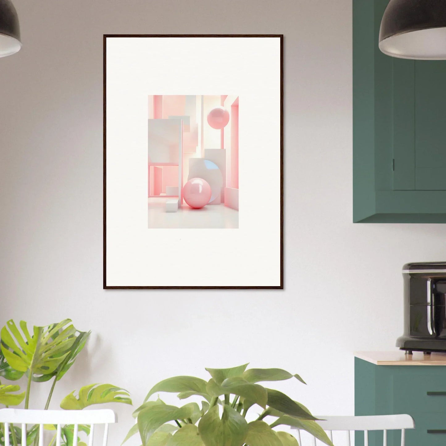 Framed wall art of soft pink and white abstract shapes for chic room decoration