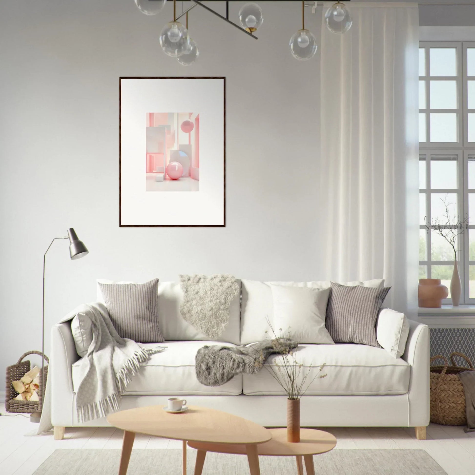 Stylish White sofa with throw pillows and blankets perfect for room decoration