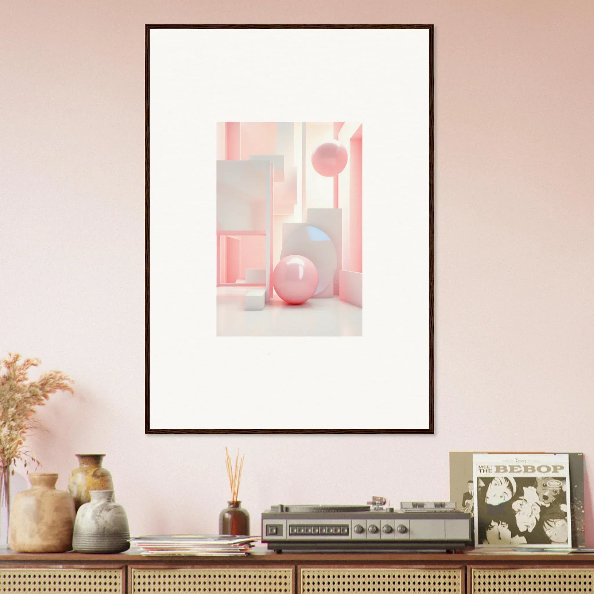 Framed Dream-Banquet Pink canvas print of pastel geometric shapes for chic room decoration