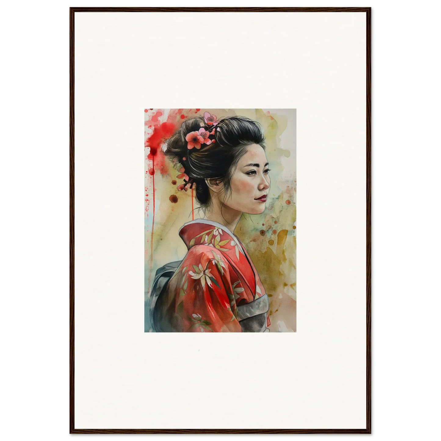 Watercolor painting of a woman in a red kimono for Dream Blossoms Afloat framed wall art